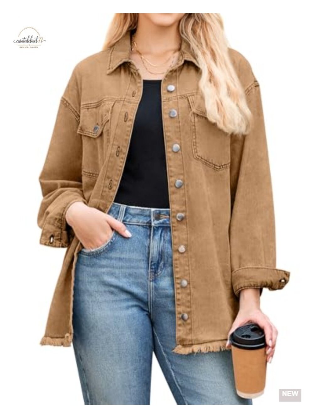 Oversized Denim Shacket with Frayed Hem, Button Front, Long Sleeve